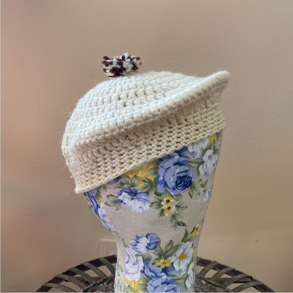 VTG Handmade Handknit Knitted Crochet Beret Pom - Picture 3 of 8